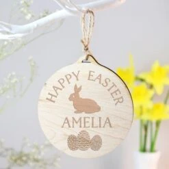 Personalised Easter Bunny Round Wooden Decoration