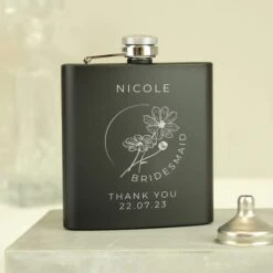 Personalised Monochrome Floral Wedding Party Black Hip Flask -Chic Household Items 30908397 alt01